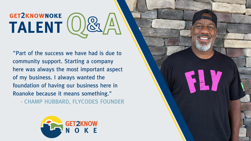 Split-page graphic: right side has a man in a black tshirt and baseball cap, left side has navy blue text on a light blue background that reads: Get2KnowNoke Talent Q&A, 