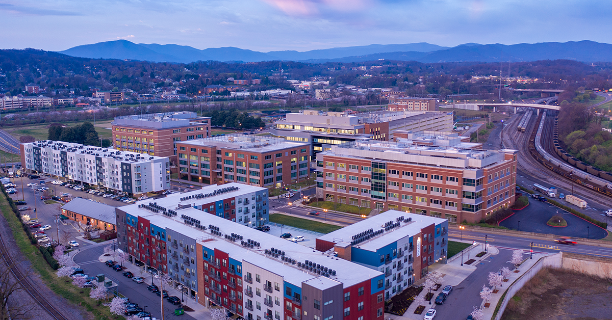 Overhead shot of apartments and the Virginia Tech Carilion/Fralin Biomedical Research Institute in South Roanoke.