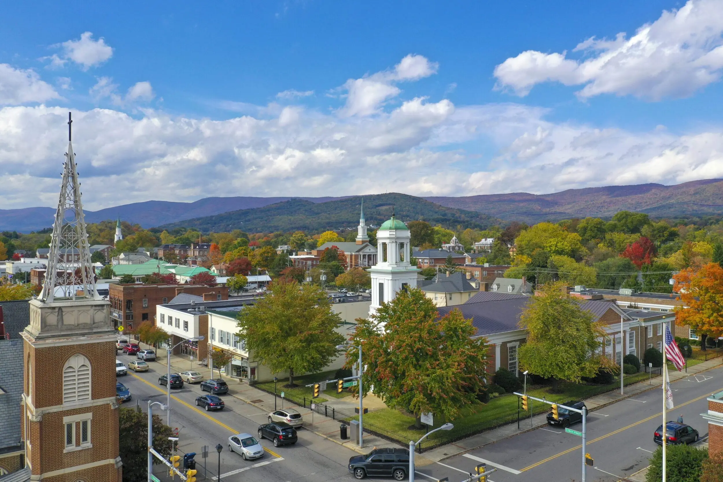 Downtown Salem, Virginia, on a beautiful day in early autumn with the Blue Ridge Mountains.