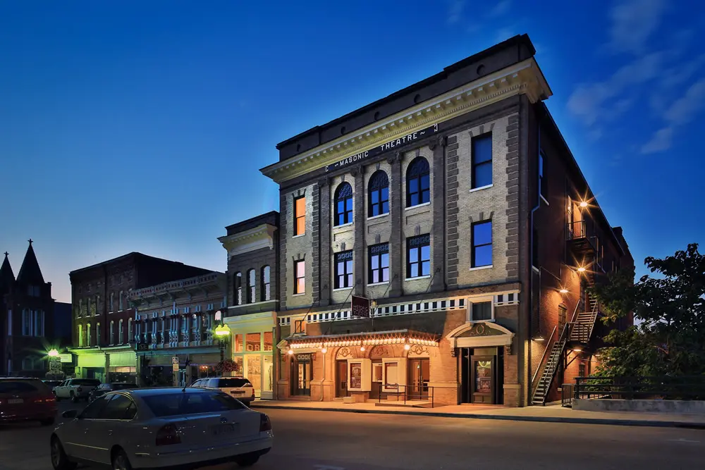 Historic Masonic Theatre at dusk in Clifton Forge, VA.