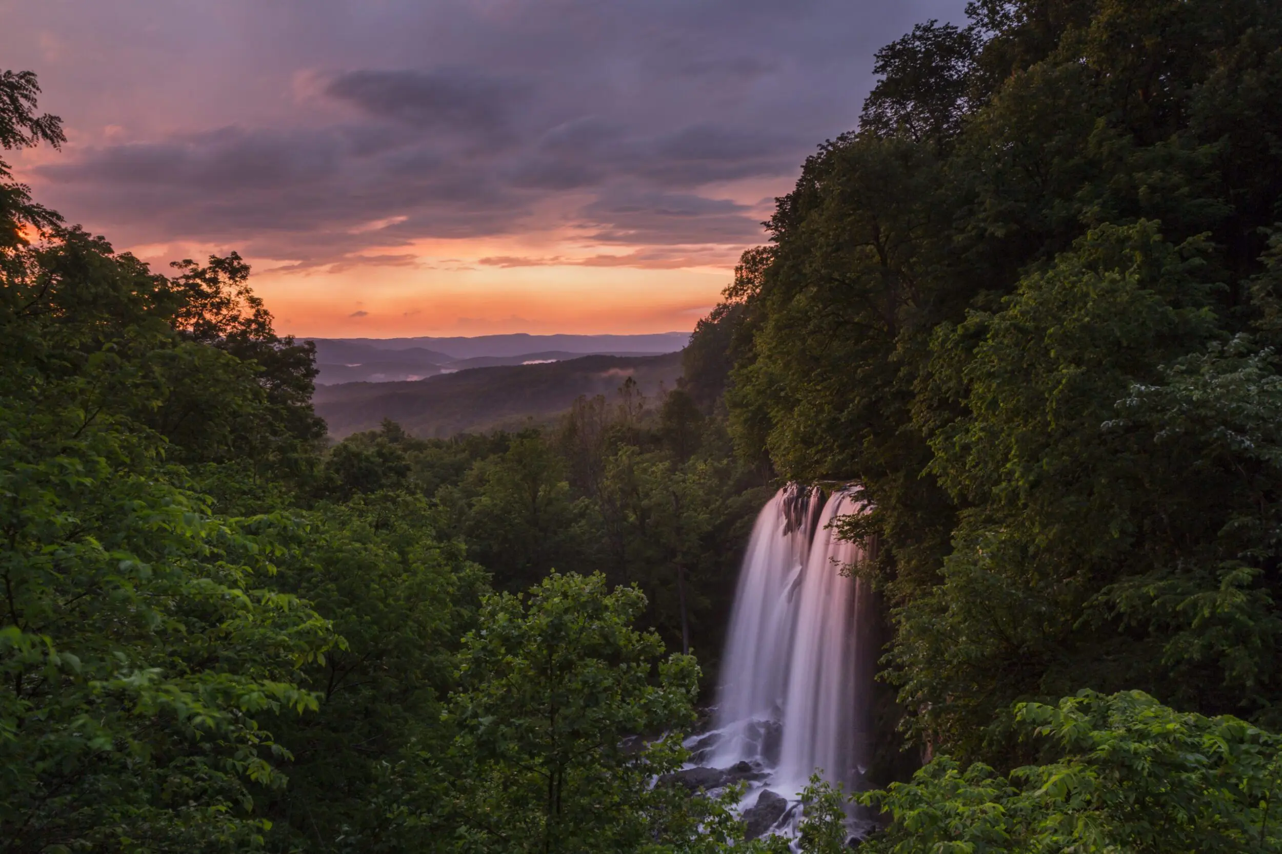 Beautiful sunset shot of Falling Falls on a summer night in Alleghany County, VA.