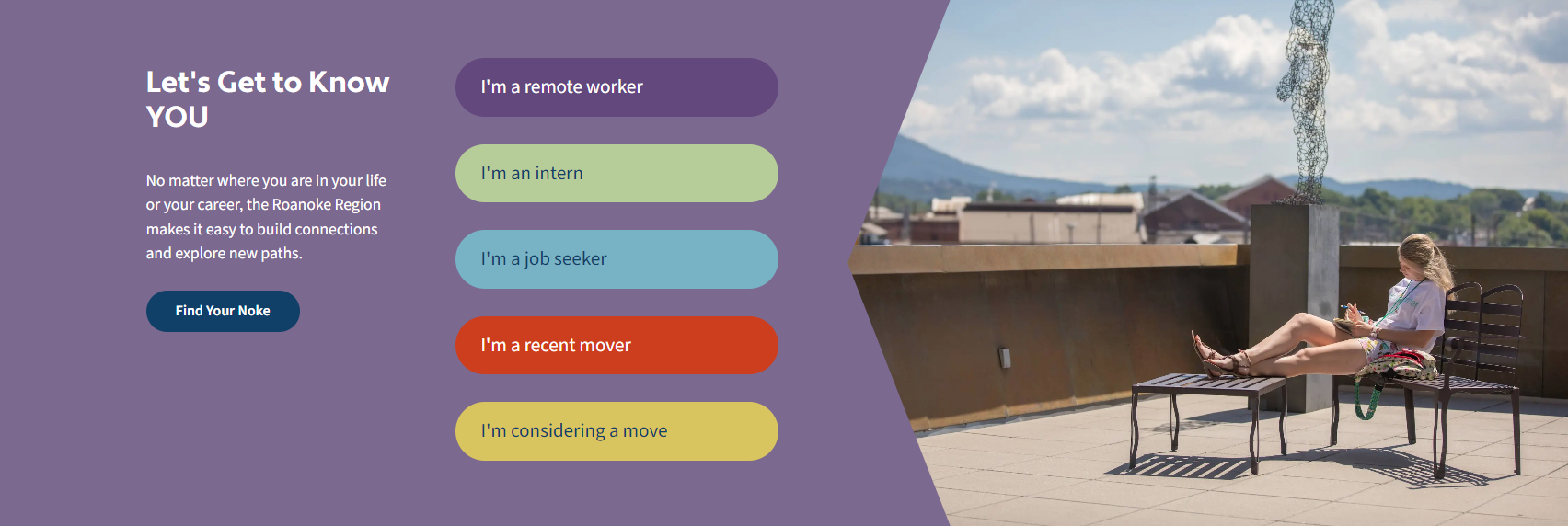 Screen grab from Get2KnowNoke.com showing the different ways you can access the site depending on what audience you fall into: remote worker, intern, job-seeker, recent mover, or potential resident.