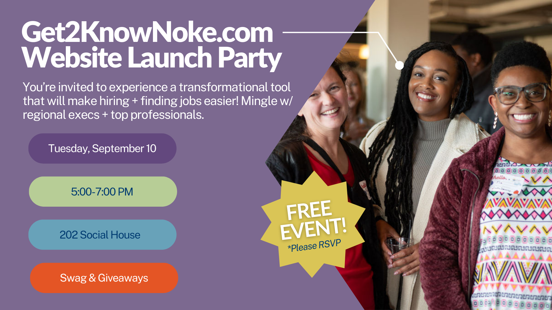 Graphic for the Get2KnowNoke.com Launch Party taking place on September 10, 2024.