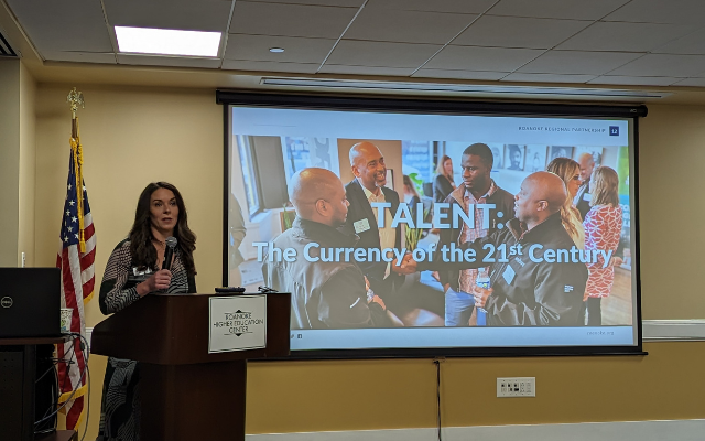 Julia Boas the director of talent strategies at the Roanoke Regional Partnership talks talent at the investor update meeting.