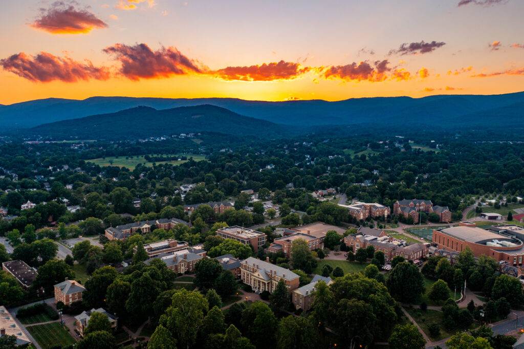 The beautiful Roanoke College campus in Salem, Virginia surrounded by the Blue Ridge Mountains.
