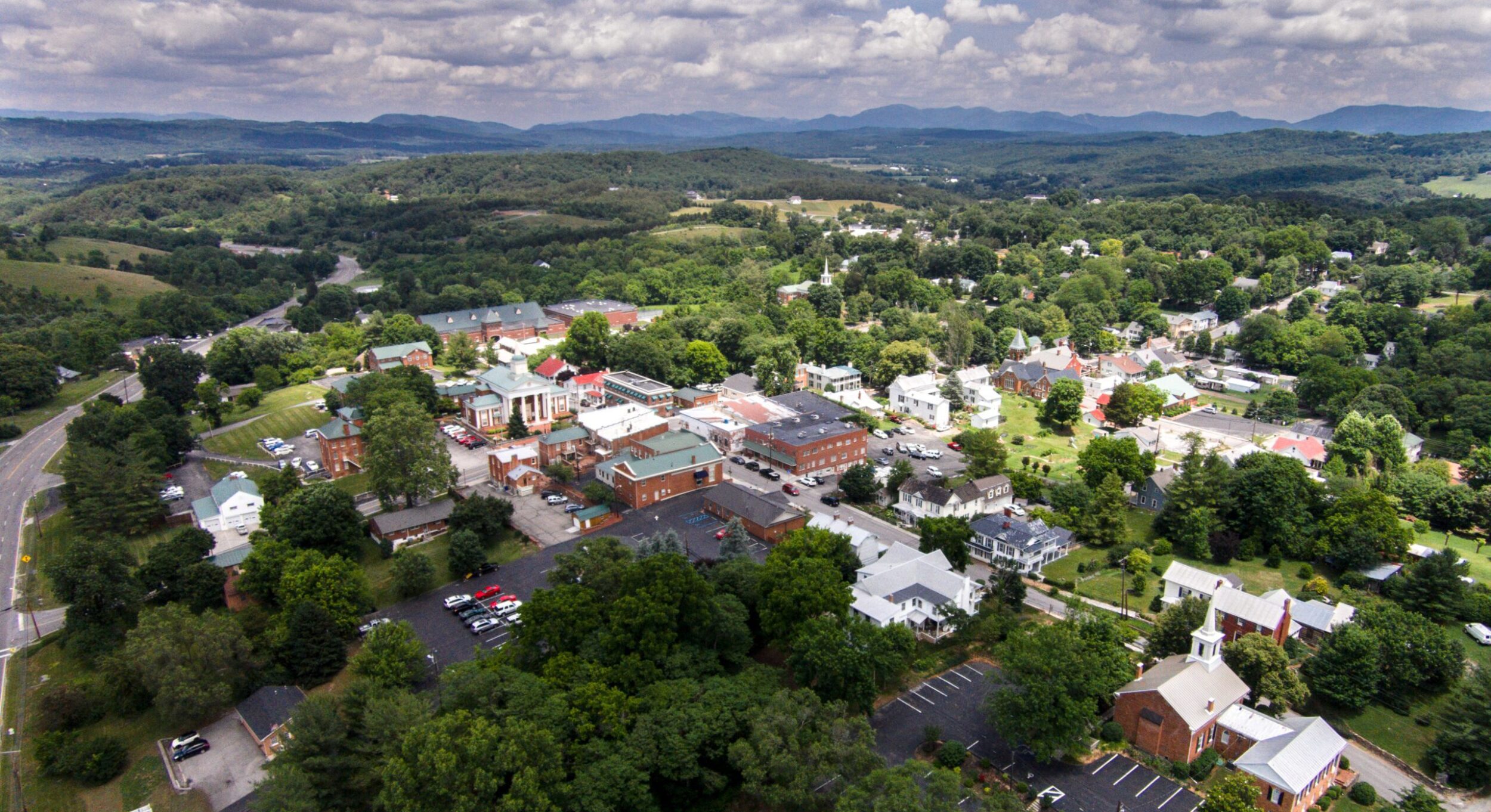 Overhead drone shot of Historic Downtown Fincastle on a sunny summer day.