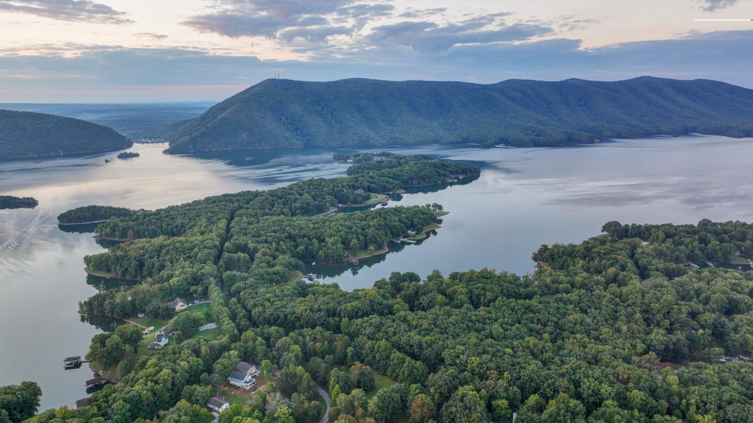 Aerial shot of a cove and mountain ridge on the beautiful Smith Mountain Lake.