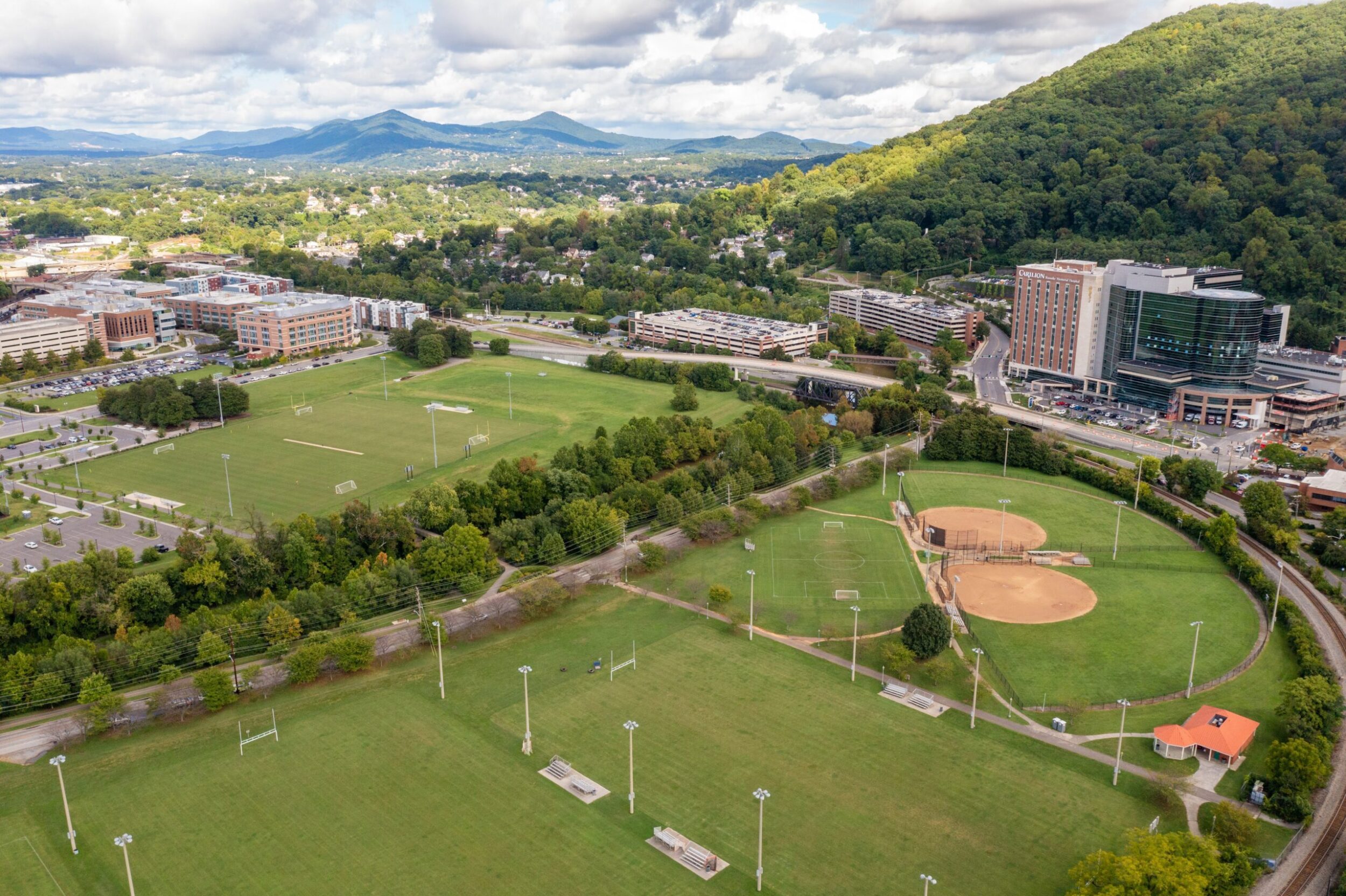 Overhead drone shot of River's Edge Sports Complex in Roanoke, VA.